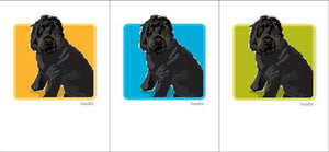 The PAPER RUSSELLS - BLACK DOODLE BOX NOTES showcases a black doodle dog on a vibrant yellow backdrop, centered in a white mat with a dark frame. Made in the USA and printed on recycled paper, this charming piece captures the dog's attentive gaze.