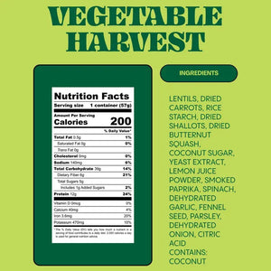 A container of LENTIFUL - LOW SODIUM VEGETABLE HARVEST INSTANT LENTILS by LENTIFUL sits on a yellow background, surrounded by fresh carrot, red onion, garlic, fennel, and squash.