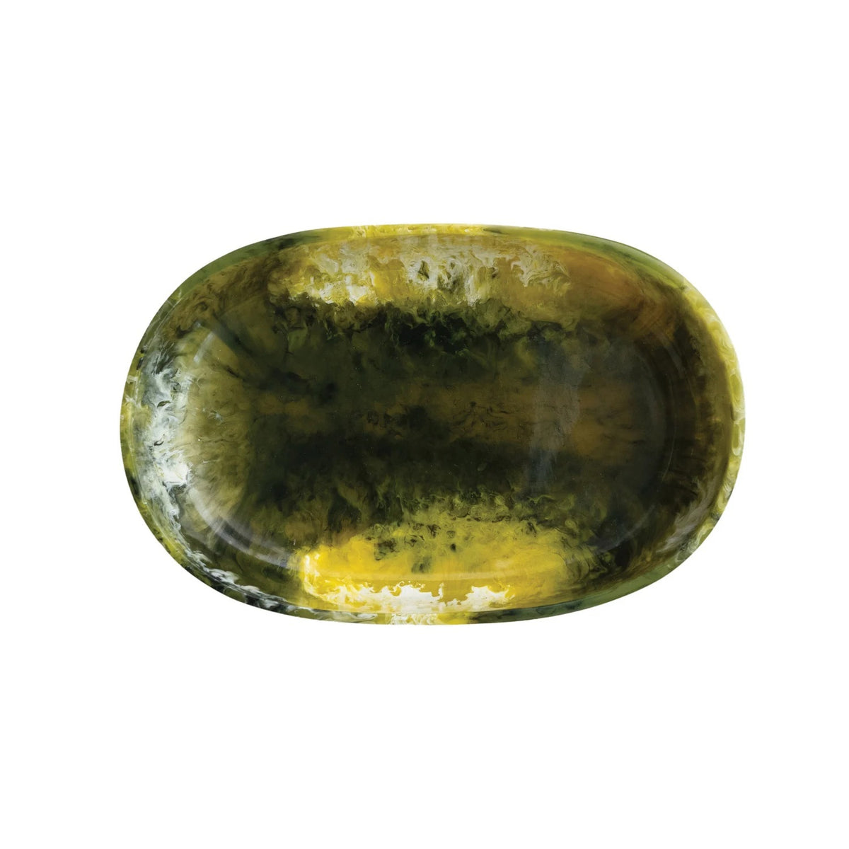 The GREEN MARBLED RESIN BOWL by CREATIVE COOP features an oval shape and a glossy marbled pattern in dark green, yellow, and white—ideal as a modern accent piece for your space.