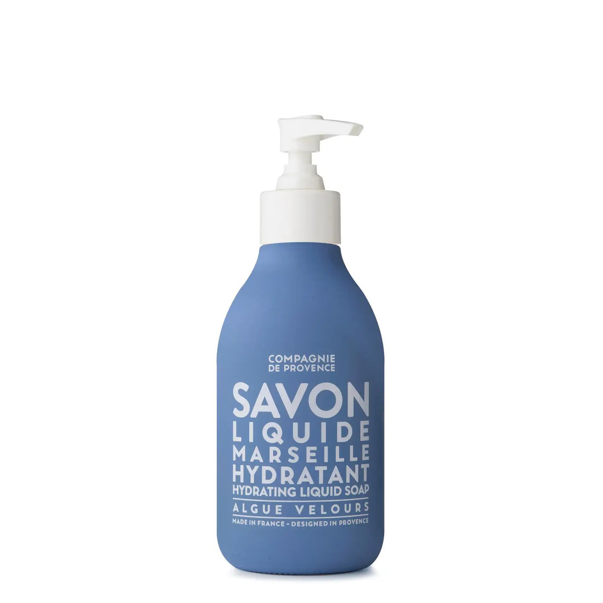 A blue pump bottle labeled &quot;COMPAGNIE DE PROVENCE - SAVON LIQUIDE DE MARSEILLE VELVET SEAWEED 10OZ&quot; by CIE LUXE BRANDS, featuring white text, stands upright against a white background—this is a luxurious liquid Marseille soap.