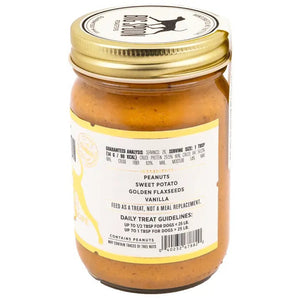 BIG SPOON ROASTERS WAG BUTTER VANILLA TATER is a handmade nut and peanut butter for dogs, with a gold lid and white label with yellow accents and a dog silhouette—an irresistible treat from BIG SPOON ROASTERS.