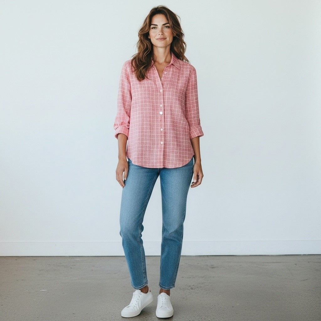 The FRANK & EILEEN - EILEEN Relaxed Button Up in Italian Linen Red and White Grid features a long-sleeve, collared design with slightly rolled sleeves and a relaxed fit. Expertly crafted from luxurious Italian linen, this shirt showcases bust-flattering button placement and a striking red and white grid pattern. The shirt is labeled “Frank & Eileen EST 1947.”.