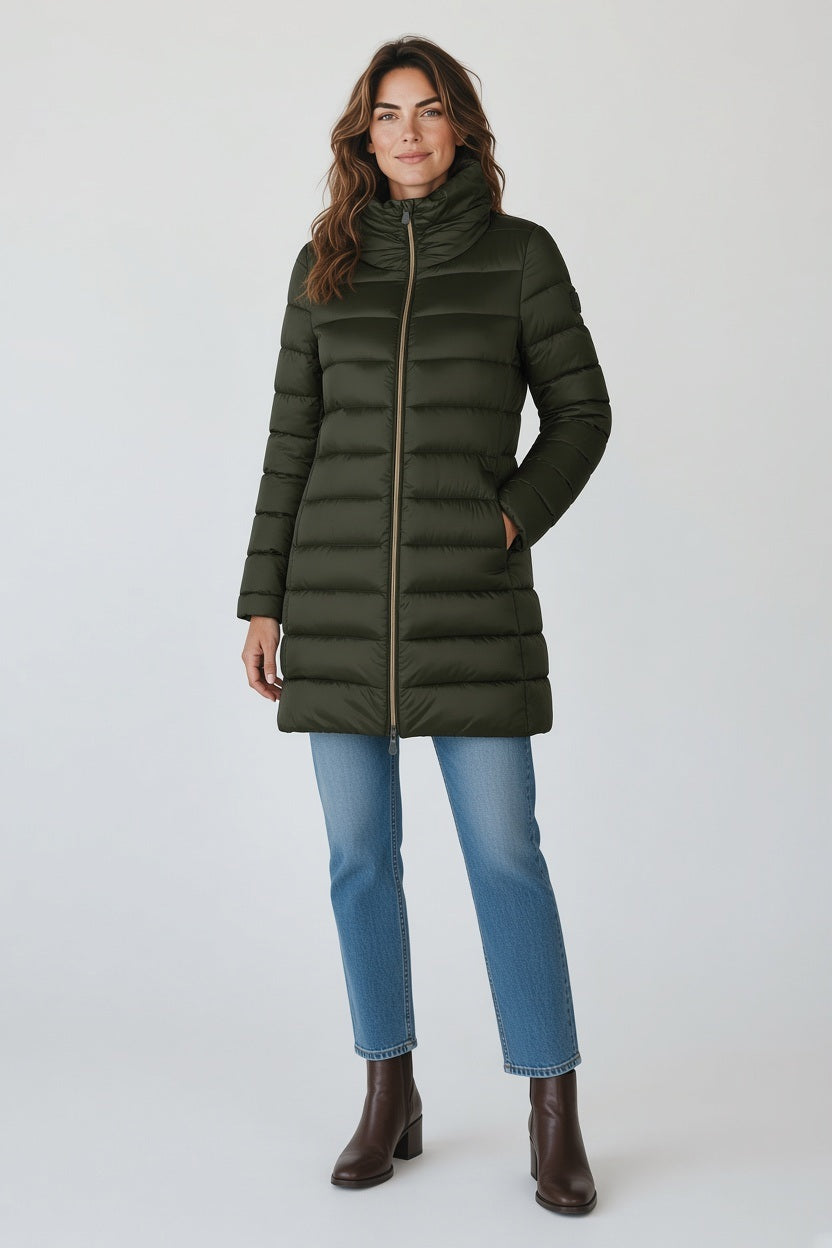 A woman in the SAVE THE DUCK - LYDIA PUFFER COAT by SAVE THE DUCK, paired with a white dress, maroon knee-high boots, and holding a fluffy light pink clutch, stands against a plain beige background.