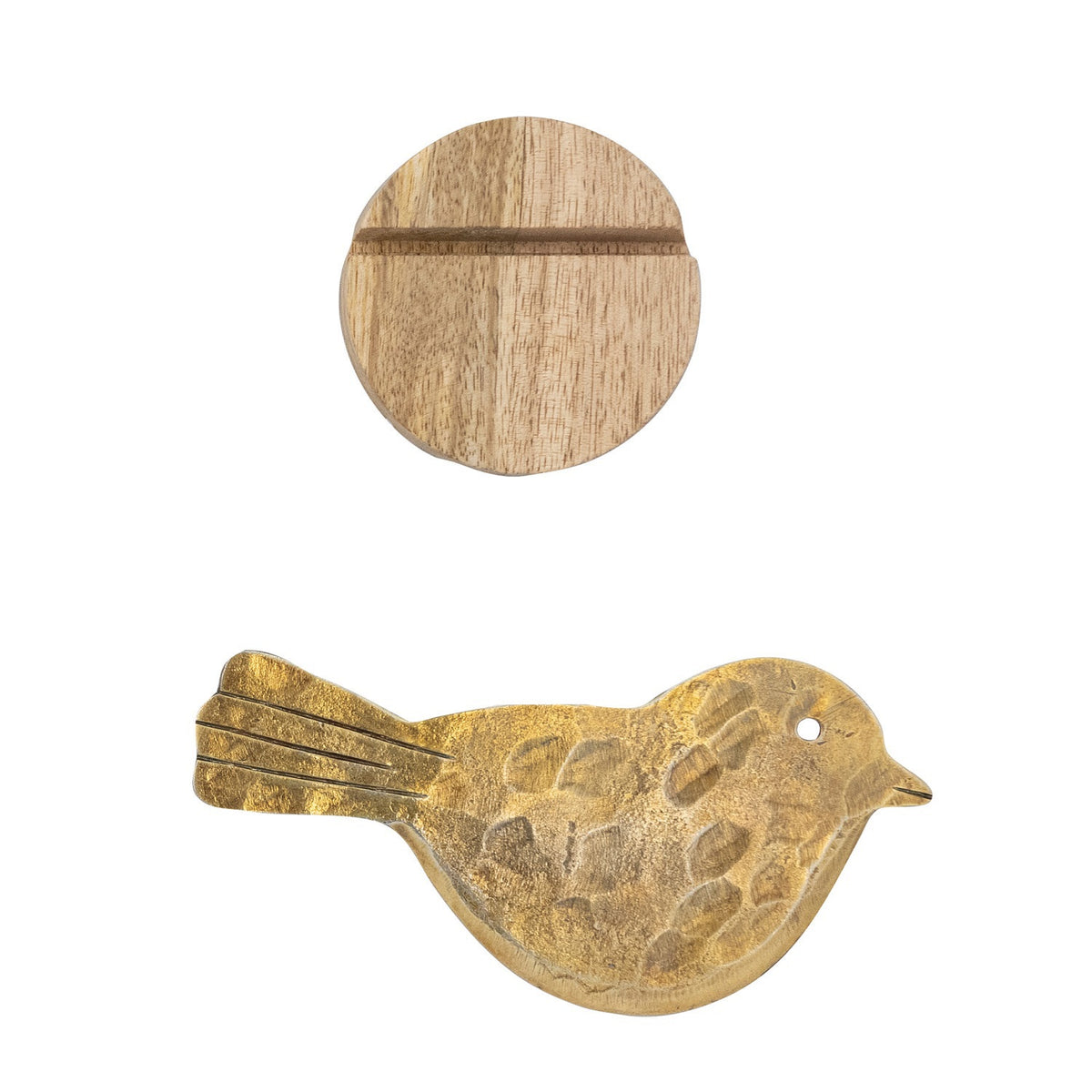 The HAND-FORGED METAL BIRD-SHAPED CHEESE KNIFE WITH MANGO WOOD STAND from CREATIVE COOP features a charming, simple bird design on a round wooden base, shown against a plain white background.