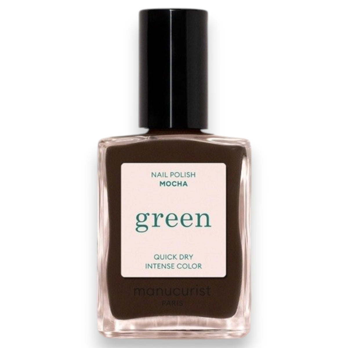 A hand with short nails painted in MANUCURIST - GREEN™ Nail Polish in Mocha by MANUCURIST INC rests on a shiny, metallic, wavy-edged object against a deep red background.