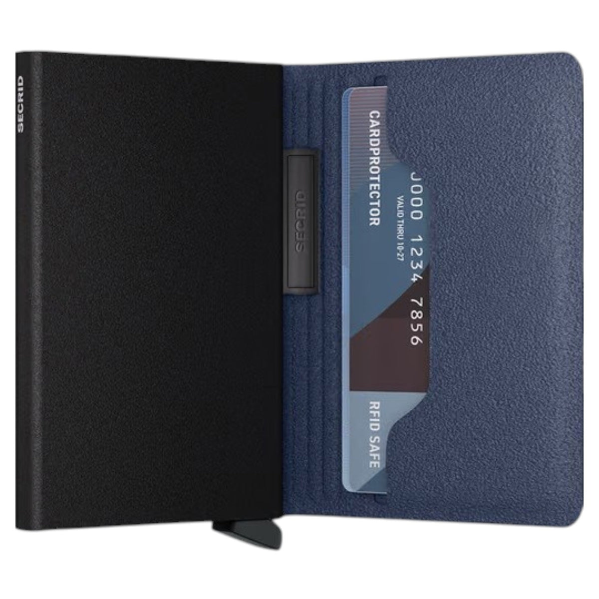 The SECRID - BANDWALLET LIBA® in navy and black features a textured blue design with a black elastic band, offering a slim RFID-protected wallet solution for securely holding cards and cash.