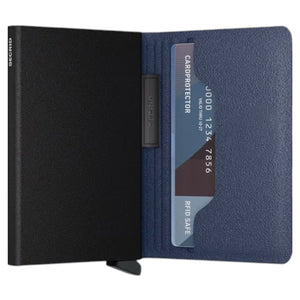 The SECRID - BANDWALLET LIBA® in navy and black features a textured blue design with a black elastic band, offering a slim RFID-protected wallet solution for securely holding cards and cash.