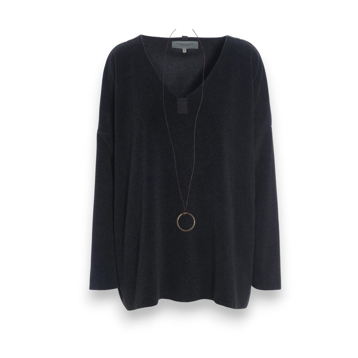 The HENRIETTE STEFFENSEN FLEECE V NECK SWEATER by HENRIETTE STEFFENSED is a loose-fitting, long-sleeve black sweater with a cozy V-neck, shown on a hanger and styled with a circular pendant necklace.