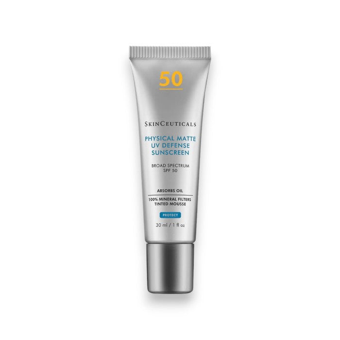 A 30 ml (1 fl oz) tube of SkinCeuticals Physical Matte UV Defense Sunscreen SPF 50, in silver and white, provides broad-spectrum UV protection. This physical tinted sunscreen features an oil-absorbing, matte finish with a tinted mousse formula.