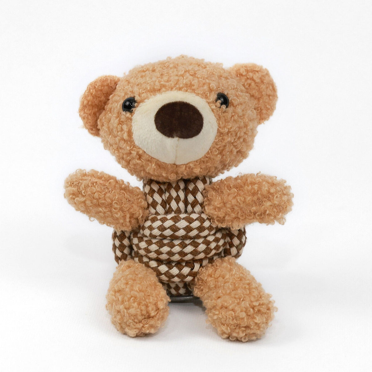 The KNOTTY PAWS - SQUEAKY ROPE BUDDIES by KNOTTY PAWZ is a soft pink plush toy shaped like a bunny with floppy ears and a stitched face. Its elongated, ribbed body offers contrasting textures, perfect for cuddles or playful tugs, against a white background.