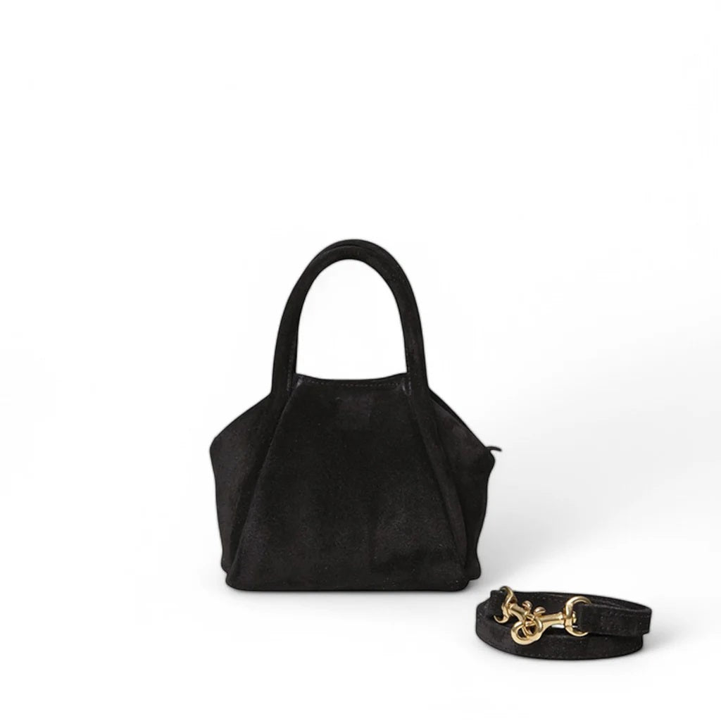 Structured black Italian leather OLIVEVE Mini Taya Top Handle Crossbody in black Italian leather backed suede, featuring two top handles and a detachable crossbody strap with gold-tone hardware.