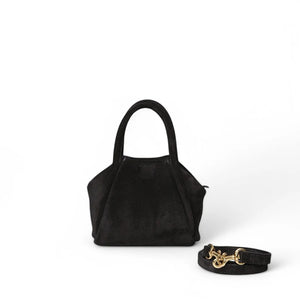Structured black Italian leather OLIVEVE Mini Taya Top Handle Crossbody in black Italian leather backed suede, featuring two top handles and a detachable crossbody strap with gold-tone hardware.