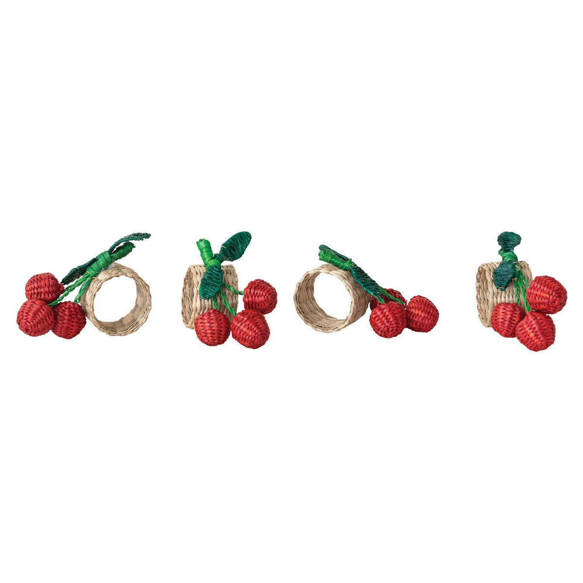The CREATIVE COOP HAND-WOVEN SEAGRASS CHERRY NAPKIN RINGS, SET OF 4, feature clusters of red cherries and green leaves—ideal as handcrafted table decor and arranged beautifully on any setting.
