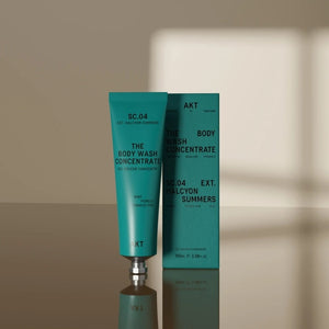 A person lathers up their back with a sponge against a teal backdrop, savoring the rich foam of AKT LONDON’s BODY WASH CONCENTRATE HALCYON SUMMERS. Three scent labels—Mint, Pomelo, and Tomato Vine—are displayed vertically on the right side of the image.
