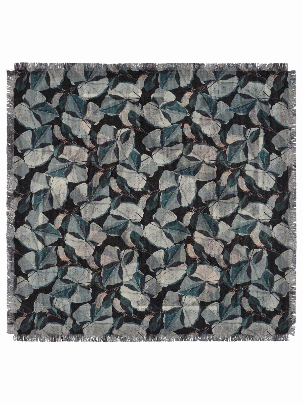 The FRANCO FERRARI - GRIDO REVERSIBLE WOOL SCARF 68X68 features a square shape, with blue, white, and mauve floral patterns on black, fringed edges, and detailed flowers and leaves at the corners and borders.