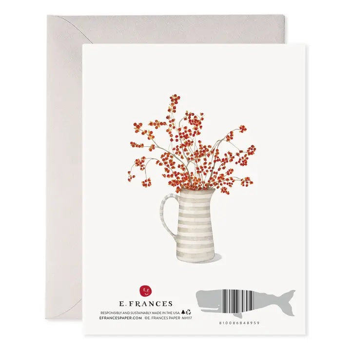 E. FRANCES - AUTUMN BERRY WREATH THANKSGIVING GREETING CARD featuring a watercolor wreath of autumn berries and leaves with “Happy Thanksgiving” written in the center.