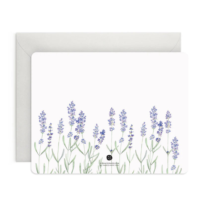 A box of E. FRANCES PAPER's LAVENDER FLAT NOTES, ideal for sharing thoughtful words. The front card displays a delicate watercolor of lavender flowers, while the pastel green packaging features a minimalist design, making it a perfect small gift.