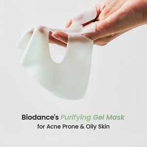A person applies the BIODANCE - REFRESHING SEA KELP MASK by GLOWISS, partially removing it. Text reads: "3-4 hours. Infused with deep sea water, it absorbs without watery residue on the skin's surface and turns transparent.