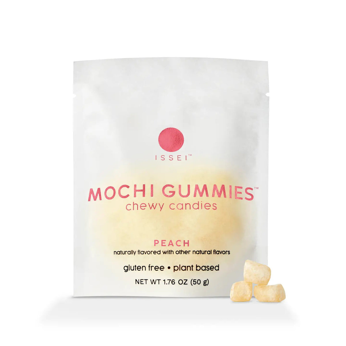 A white package of MOCHI GUMMIES - PEACH from MOCHI GUMMIES features a peach flavor label with natural flavors. Its design highlights chewy candies and notes on gluten-free and plant-based qualities. Refreshing gummies are beside the 1.76 oz (50 g) pack.
