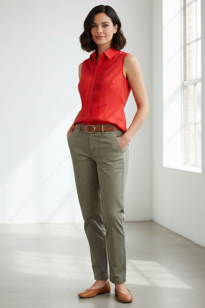 A person with short red hair smiles in a tailored HINSON WU Lilith Sleeveless Shirt featuring decorative pleats, paired with a brown belt and khaki pants against a plain light gray background.