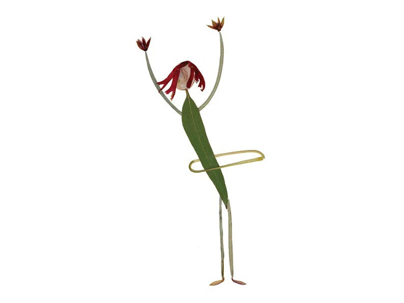 The PETAL PEOPLE PRESS - CARD HULA HOOP features a whimsical illustration of a green, leaf-shaped body person with red hair, hula hooping gracefully. Their stick-like arms and legs are raised in celebration, resembling pressed flower art against a crisp white background.