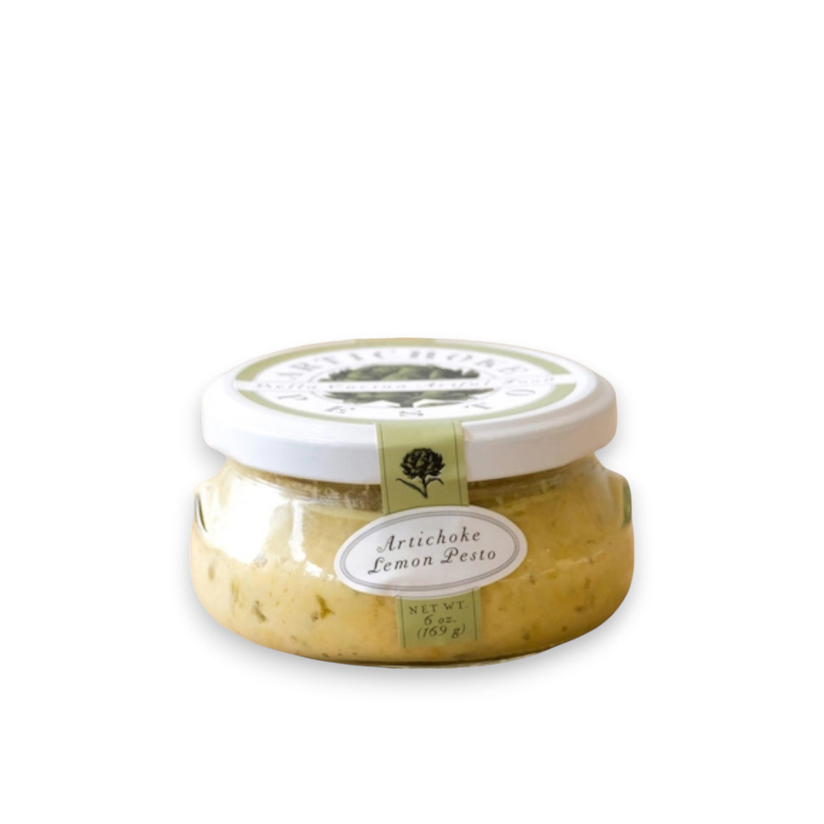 A small glass jar of BELLA CUCINA - ARTICHOKE LEMON PESTO with a white lid. The front label reads "BELLA CUCINA - ARTICHOKE LEMON PESTO" and "Net Wt. 6.0 oz (170 g)." The blend of pesto and olive oil is apparent from the light yellow-green contents visible through the transparent jar, perfect as an artichoke dip.