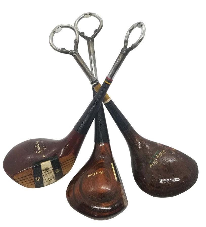 VINTAGE GOLF GIFTS' VINTAGE WOOD DRIVER BOTTLE OPENER features handles made from recycled wood golf clubs, designed to resemble classic club heads—unique vintage golf gifts, ideal for any enthusiast.