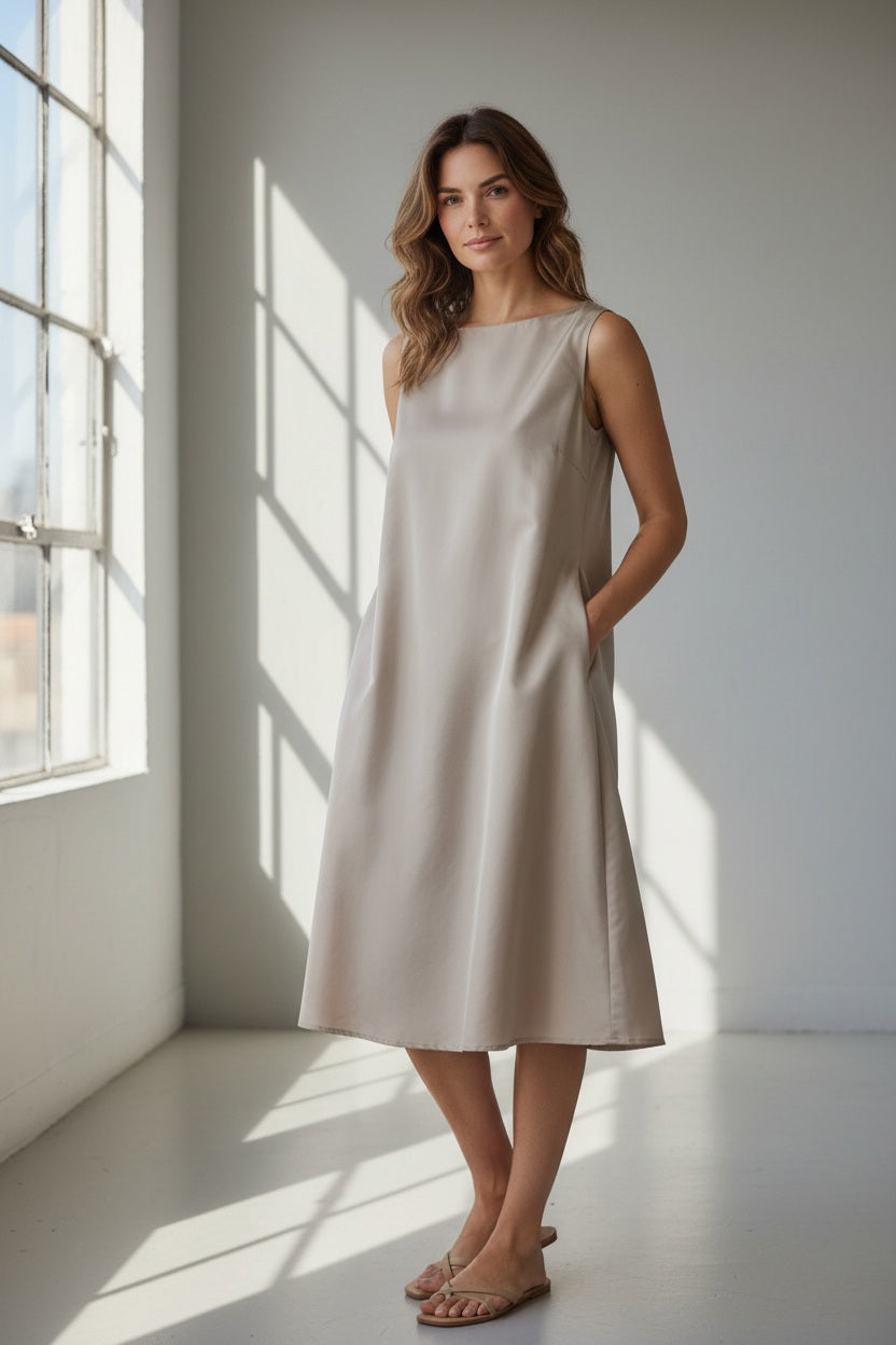 A person wearing the KATHARINA HOVMAN Sleeveless Dress in Heavy Taffeta—a loose-fitting, knee-length black dress—stands against a plain light background. Their arms are relaxed at their sides, and their head is out of frame.