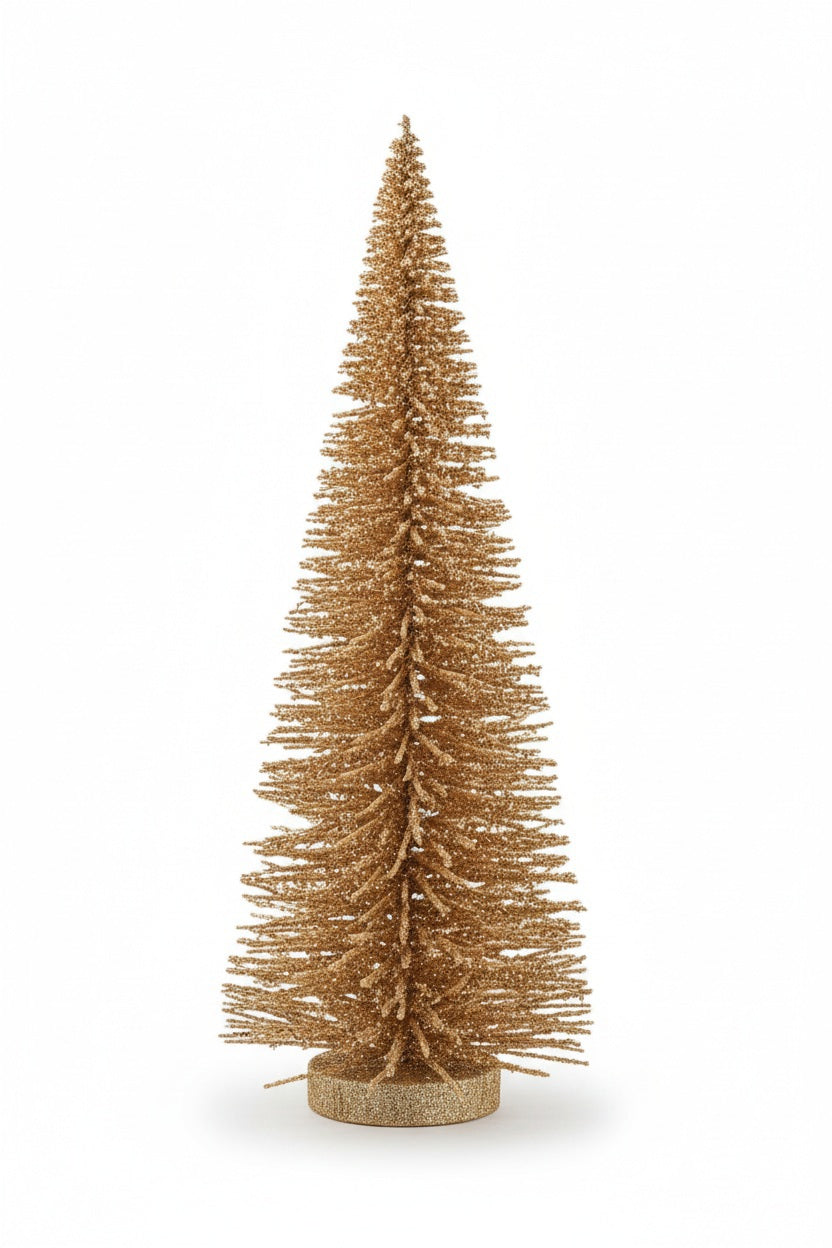 A tall, handcrafted WOOD TREE WITH IRIDESCENT MICA FLAKES featuring shimmering gold-toned flakes and a matching circular base.