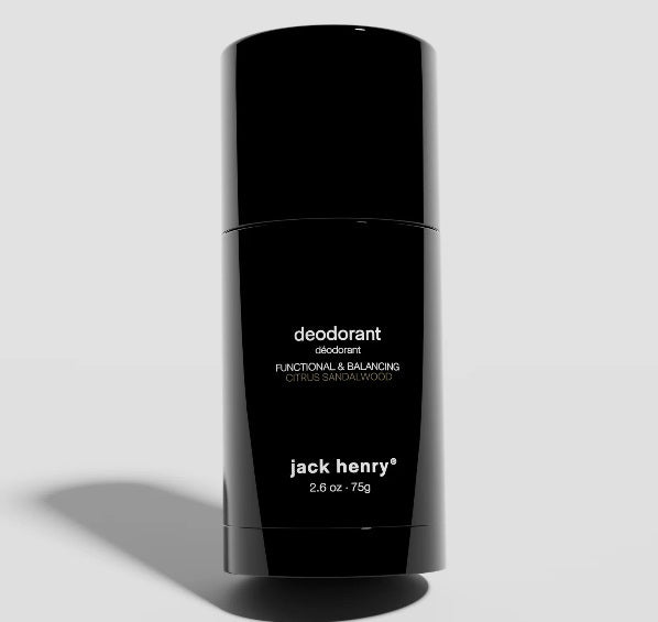 The JACK HENRY - DEODORANT CITRUS SANDALWOOD is a black cylindrical stick (2.6 oz • 75g) that provides odor protection with functional, balancing benefits and a citrus sandalwood scent, shown on a light gray background.