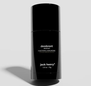 The JACK HENRY - DEODORANT CITRUS SANDALWOOD is a black cylindrical stick (2.6 oz • 75g) that provides odor protection with functional, balancing benefits and a citrus sandalwood scent, shown on a light gray background.