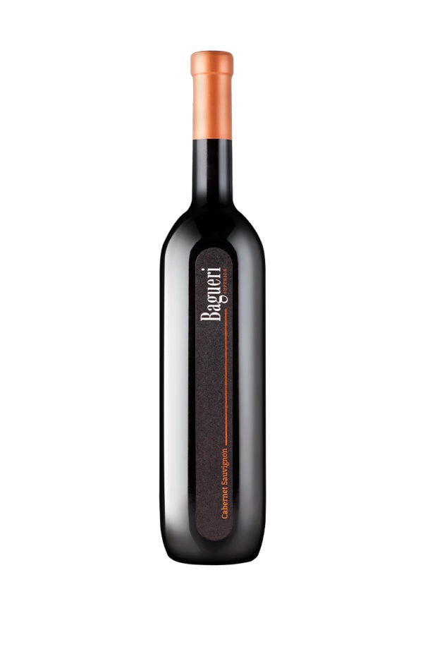 A tall, dark bottle of KLET BRDA 'BAGUERI' CABERNET SAUVIGNON 2019 by WINE: OCEAN SOUTH IMPORTS, featuring a copper foil top and vertical black label, photographed against a white background.