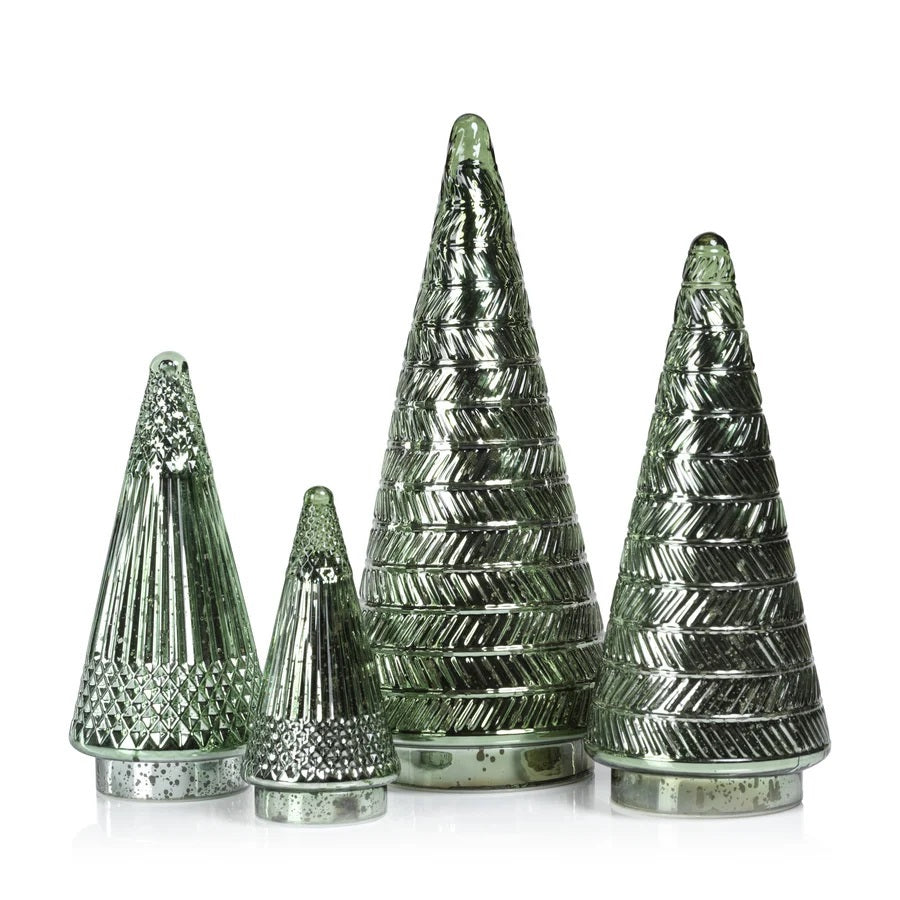 Large green SIBERIAN ANTIQUE GLASS LED TREE in a textured, ribbed antique glass style for holiday décor.