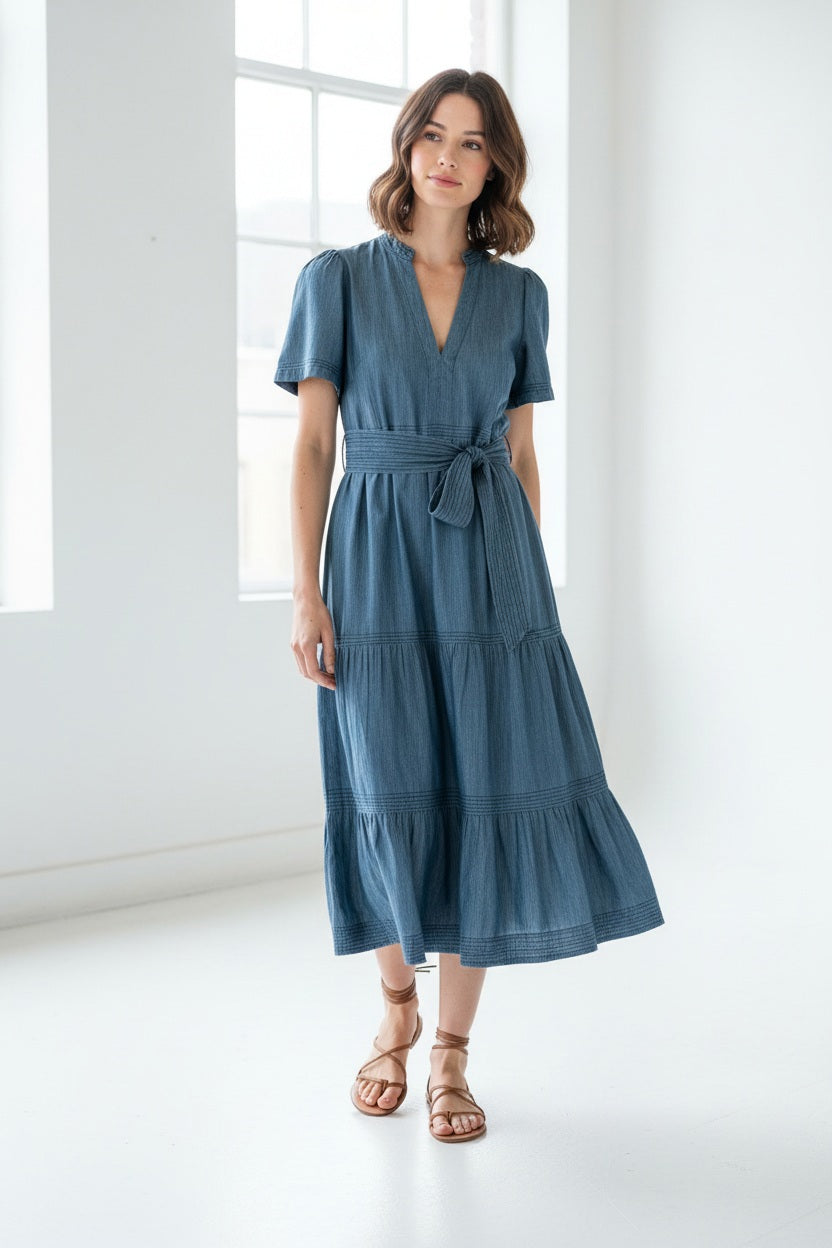 A woman with blonde hair, wearing the MERSEA Pariscope Maxi Dress in Chambray, stands by a stone wall. The blue denim maxi dress from MERSEA features short sleeves, a belted waist, and a subtle ruffle neckline for added elegance. She accessorizes with a gold necklace featuring a round pendant.