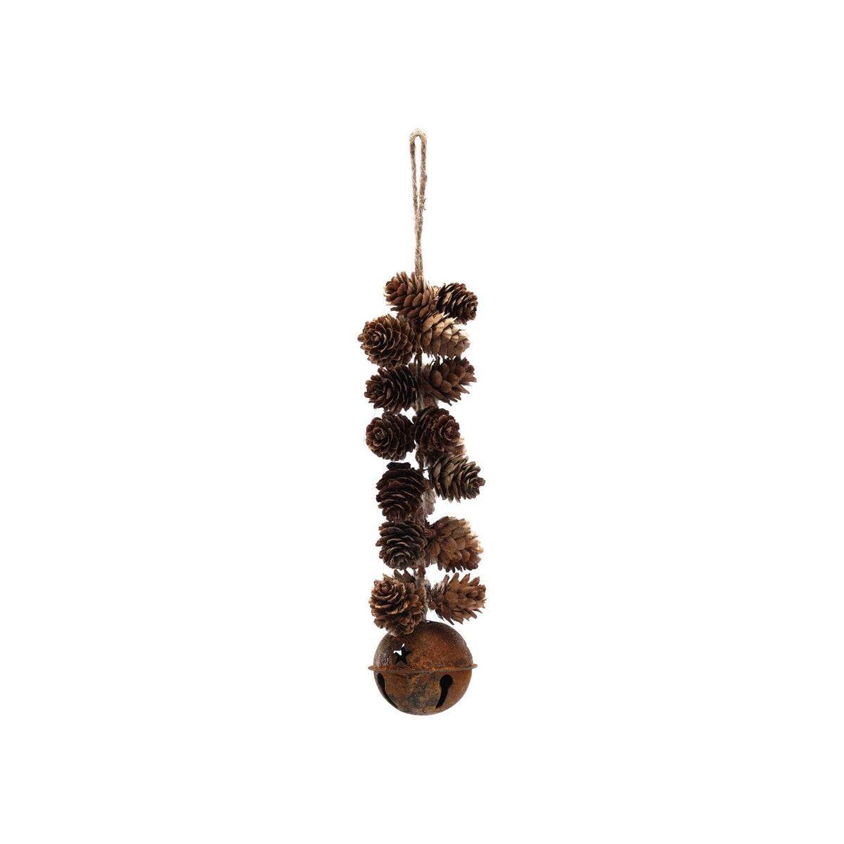 The CREATIVE COOP PINECONE CLUSTER WITH JINGLE BELL features rustic pinecones on a string with a bell—perfect as a festive door jingle, shown on a white background.