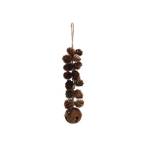 The CREATIVE COOP PINECONE CLUSTER WITH JINGLE BELL features rustic pinecones on a string with a bell—perfect as a festive door jingle, shown on a white background.