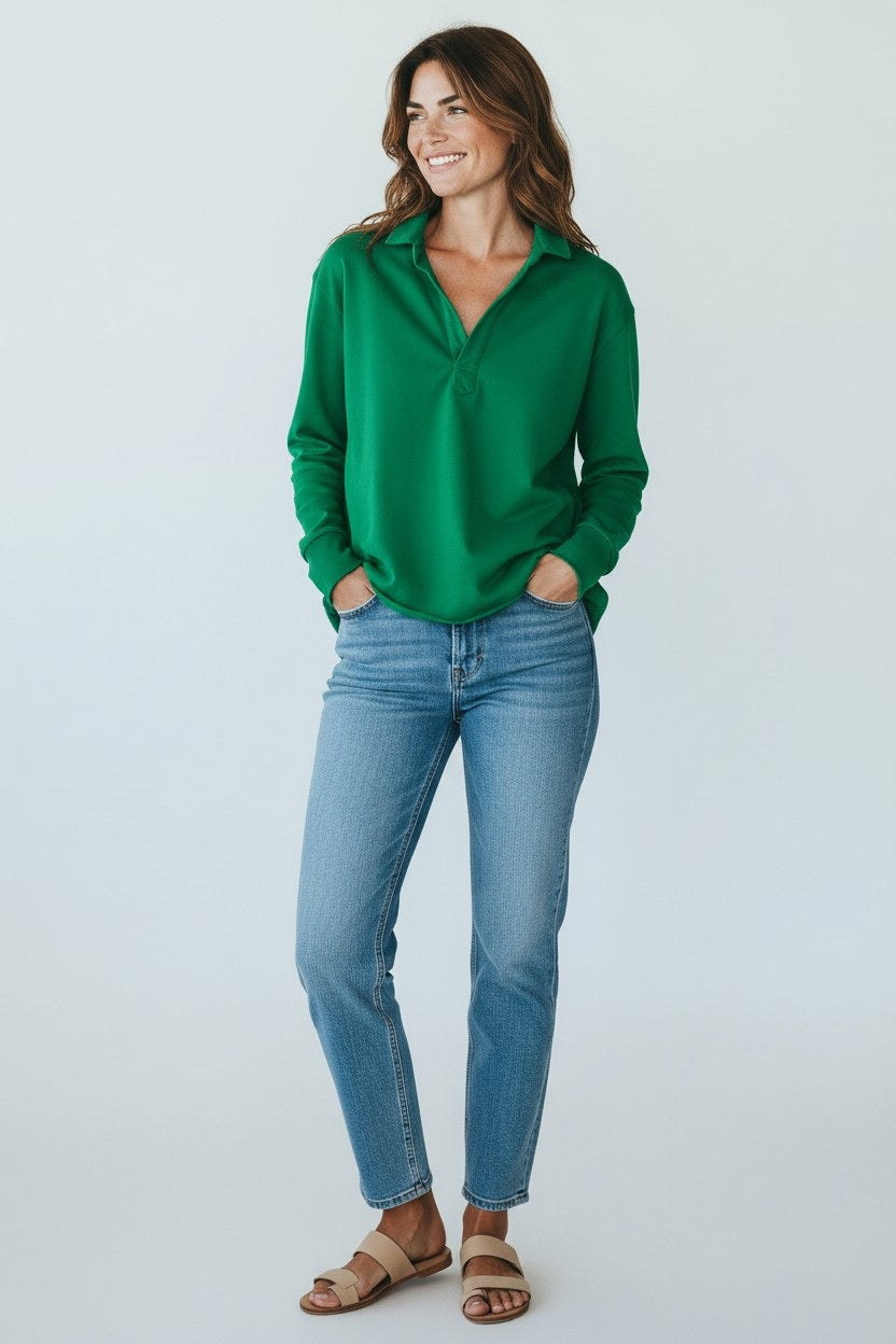 The FRANK &amp; EILEEN Patrick Popover Henley in Vintage Jersey Birdie, a long-sleeve bright green top from the California Heritage Collection, features a partial placket and is shown laid flat on a white background.