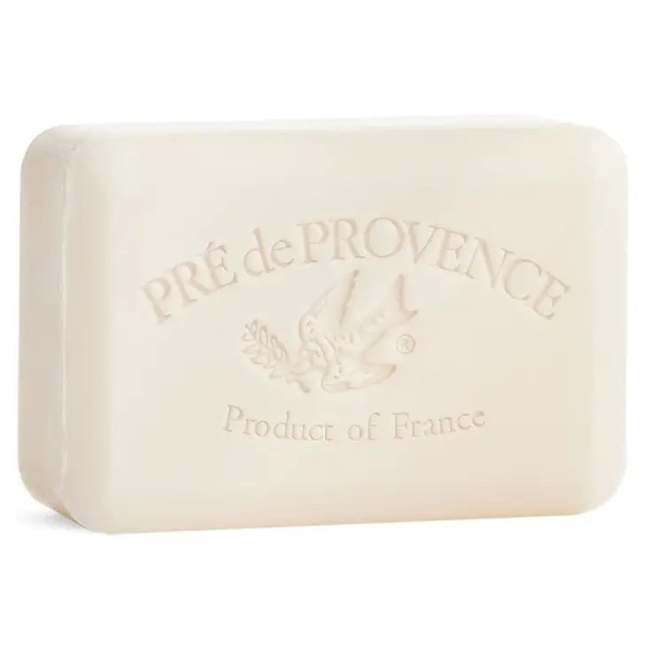 Bar of European Soaps, LLC Sea Salt Bar Soap 250g with an embossed dove holding an olive branch and the text "PRE de PROVENCE" and "Product of France" on its surface. The light beige, French-milled soap has a rectangular shape with slightly rounded edges, exuding elegance and quality.