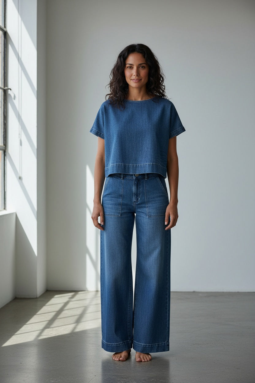 A person wearing FRANK &amp; EILEEN’s Madeline Patch Pocket Pant in Famous Denim Distressed Wash stands on a white wooden deck overlooking greenery, sand, and the ocean, with only their lower body visible.