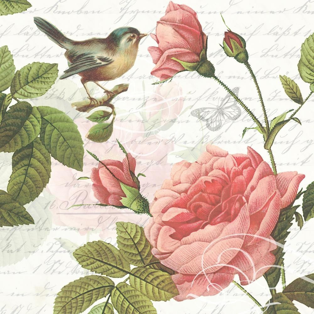 A small songbird perches on a pink rosebud among blooming roses and green leaves, with faint script and a butterfly in the soft, vintage-style background—beautifully printed on naturally bleached 3-ply SOPHIE BEVERAGE NAPKINS by PAPER PRODUCTS DESIGN.