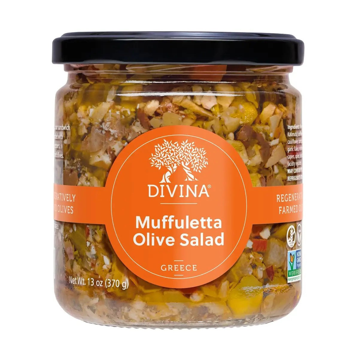 A clear glass jar of DIVINA - MUFFULETTA OLIVE SALAD from the brand DIVINA, inspired by the classic flavors made famous by Central Grocery in Greece. The orange label with product name and certifications, along with a black lid, highlights the authentic essence of traditional muffuletta olive salad.