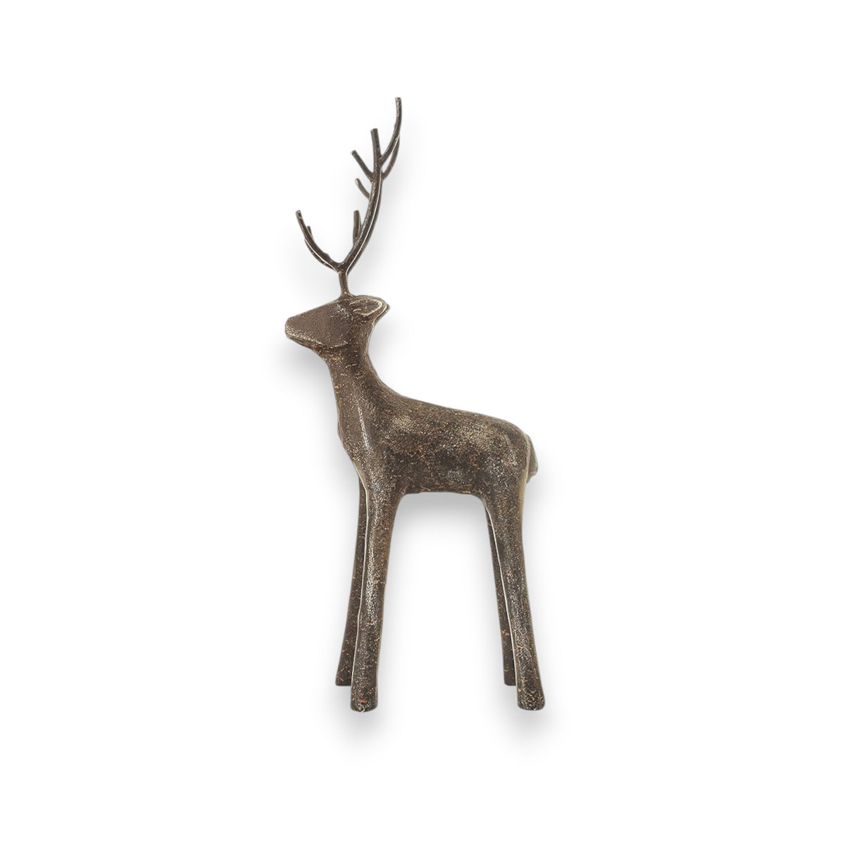The CREATIVE COOP STANDING CAST IRON DEER features long, narrow legs and tall branching antlers, making it a striking festive decoration that adds elegance to your space. Displayed against a plain white background.