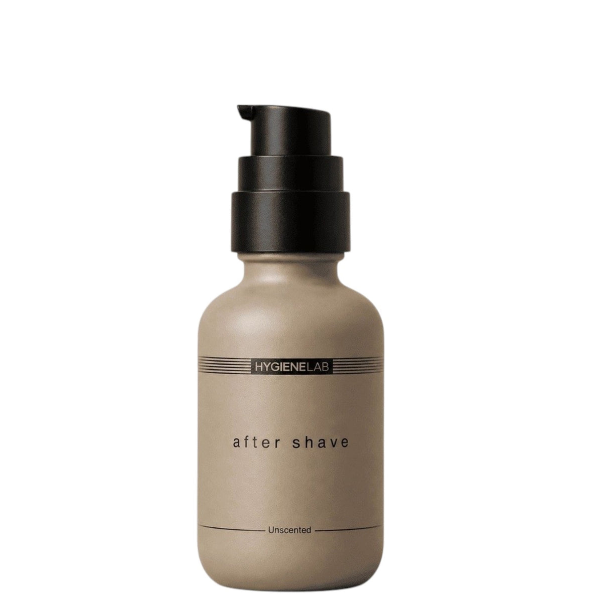 A black background displays labeled ingredients for HYGIENELAB - AFTER SHAVE, UNSCENTED by HYGIENELAB: chamomile extract, glycerin + hyaluronic acid, panthenol + vitamin E, tapioca starch, and piroctone olamine, each illustrated with representative images. These carefully selected ingredients are formulated to provide post-shave relief and support the skin barrier.