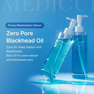 A clear bottle of MEDICUBE - ZERO PORE BLACKHEAD DEEP CLEANSING OIL, 205ML from KOSMIC KBEAUTY SKINCARE with a white pump, filled with blue liquid, is displayed against a circular, blue, bubbly backdrop. This deep cleansing oil effectively melts away makeup and deeply cleanses pores to leave your complexion feeling refreshed.