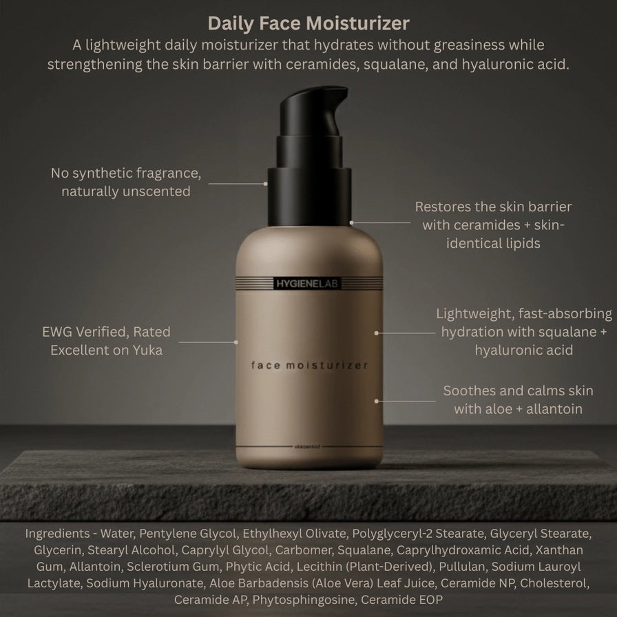 A beige bottle with a black pump, labeled “HYGIENELAB - FACE MOISTURIZER, UNSCENTED,” sits against a white background; this product from HYGIENELAB is formulated with ceramides and hyaluronic acid to provide optimal hydration.