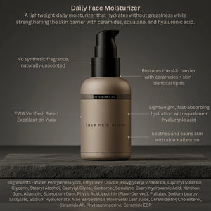 A beige bottle with a black pump, labeled “HYGIENELAB - FACE MOISTURIZER, UNSCENTED,” sits against a white background; this product from HYGIENELAB is formulated with ceramides and hyaluronic acid to provide optimal hydration.