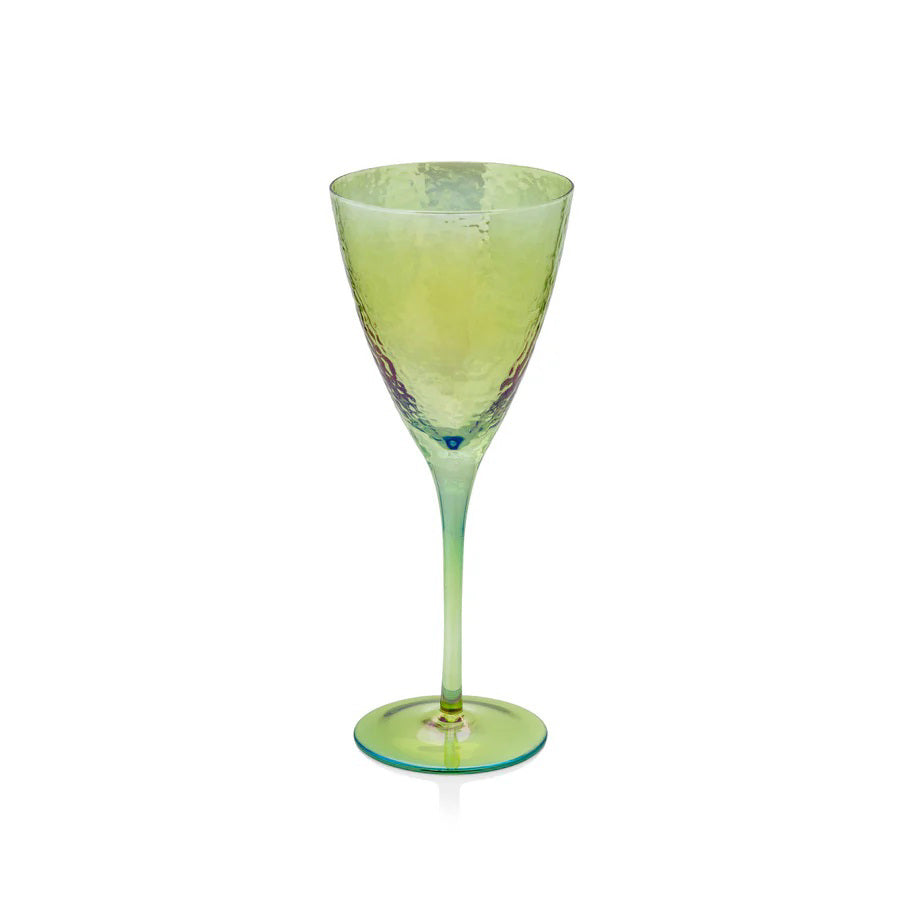 The ZODAX APERITIVO RED WINE GLASS - LUSTER GREEN is a textured 15 oz stemmed glass with a slightly flared bowl, shown against a white background.
