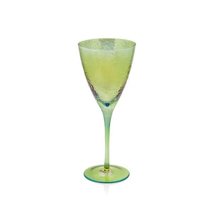 The ZODAX APERITIVO RED WINE GLASS - LUSTER GREEN is a textured 15 oz stemmed glass with a slightly flared bowl, shown against a white background.