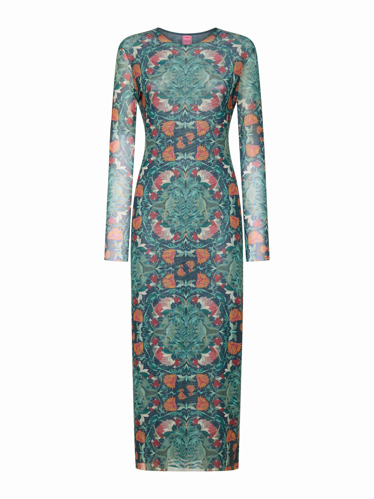 The FRANCO FERRARI BALLET MESH DRESS is a long-sleeved, fitted dress with a green, teal, and orange botanical print, semi-sheer fabric, a round neckline, and an intricate symmetrical floral pattern.
