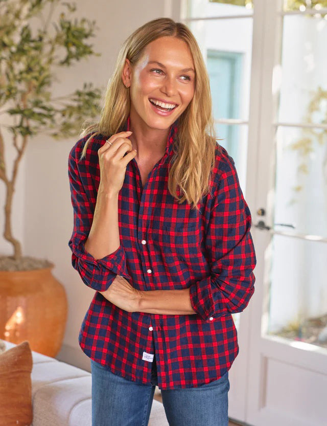 The FRANK &amp; EILEEN EILEEN Relaxed Button Up Shirt in Italian Flannel features a red and blue plaid pattern, collar, bust-flattering buttons, and rolled-up long sleeves.